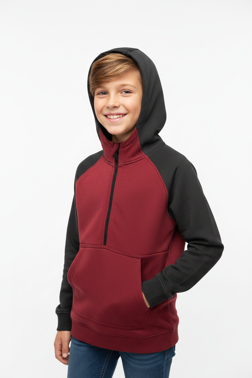Boy wearing MTA Sport red and black kids hoodie
