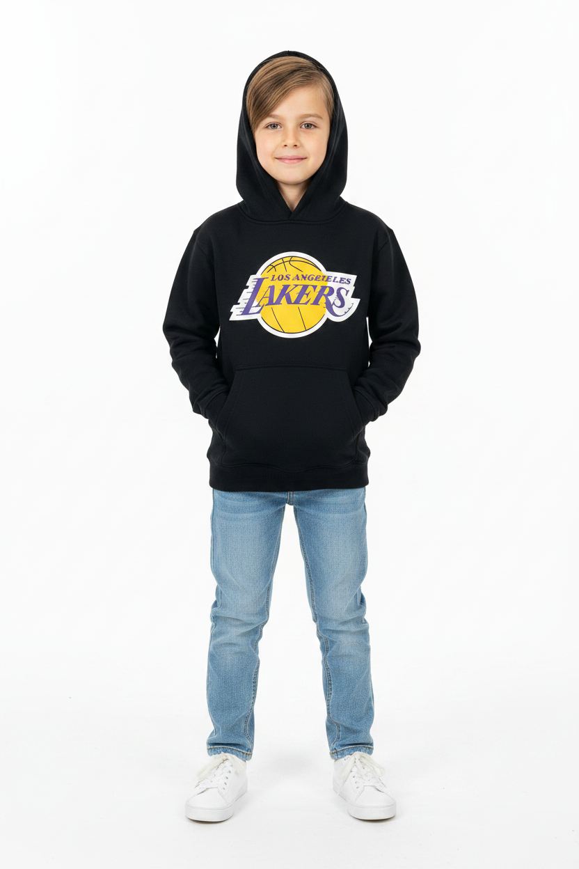 Kid wearing Lakers hoodie front