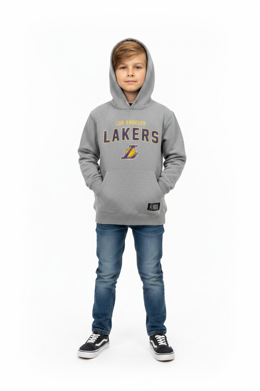Boy wearing NBA Lakers grey youth hoodie with jeans