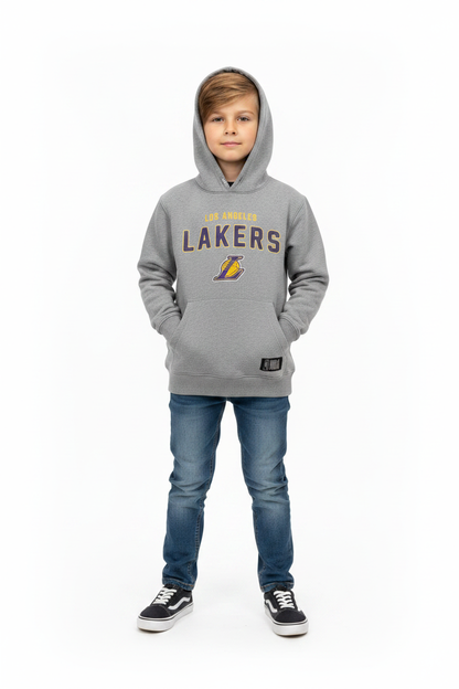 Boy wearing NBA Lakers grey youth hoodie with jeans