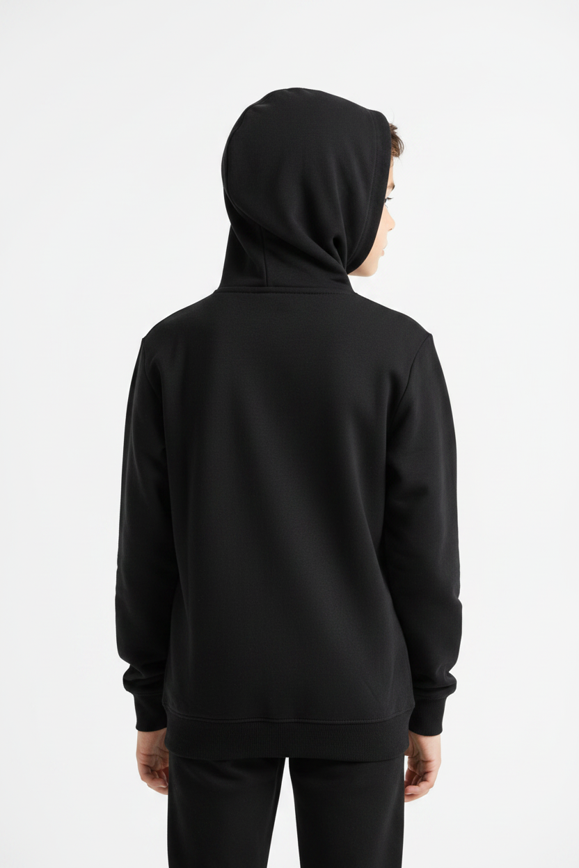 Kid wearing plain black hoodie - Back