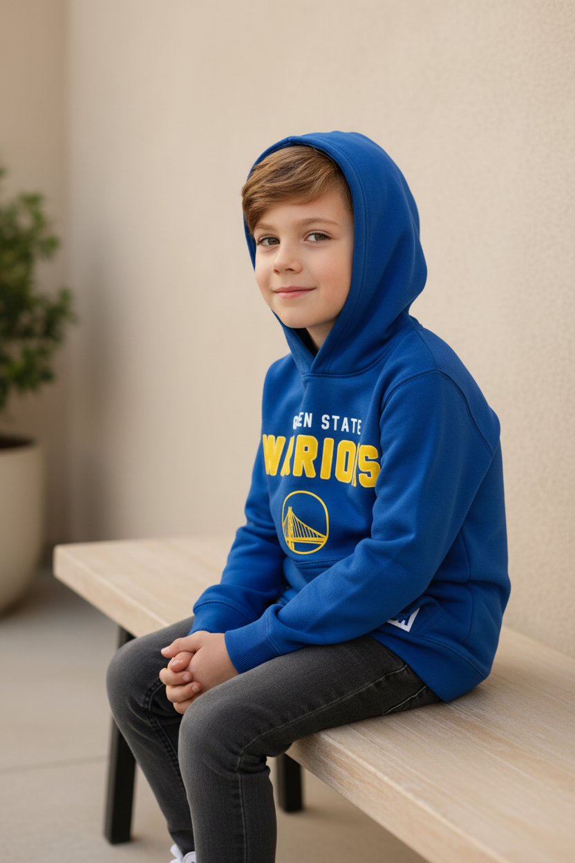 Kid wearing Warriors Hoodie