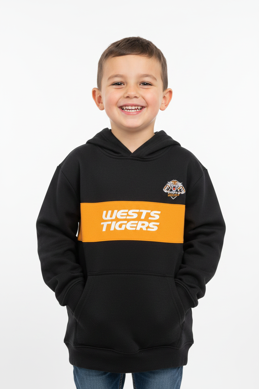 Boy wearing NRL Wests Tigers black youth hoodie