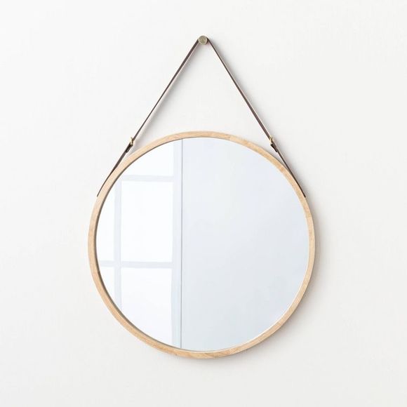 Sealed - Wood Mirror With Leather Strap Hanger Natural - Threshold™ Designed With Studio Mcgee (Open Box)