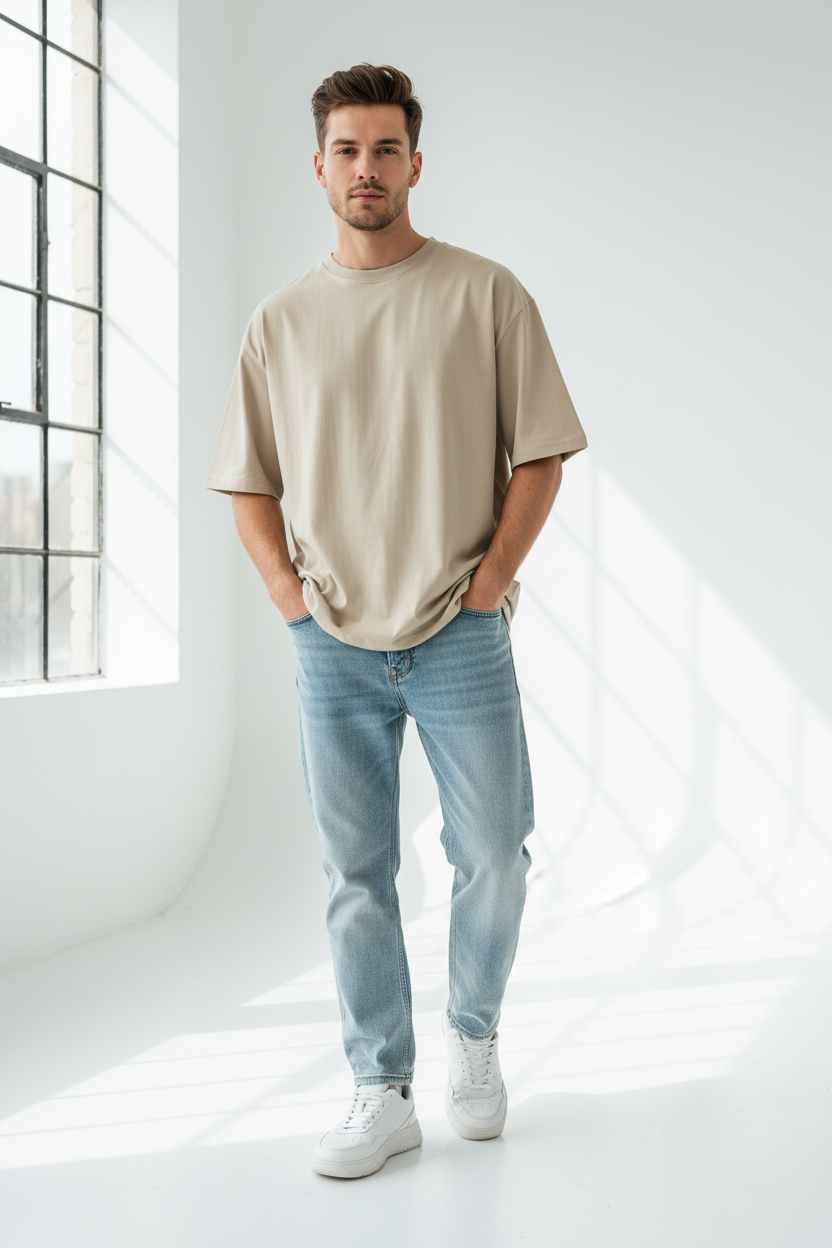 Man Wearing Beige T-Shirt