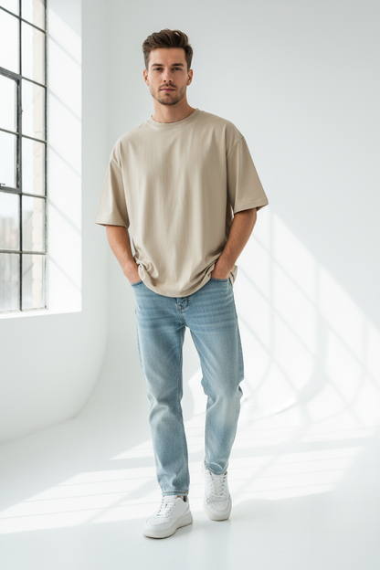 Man Wearing Beige T-Shirt