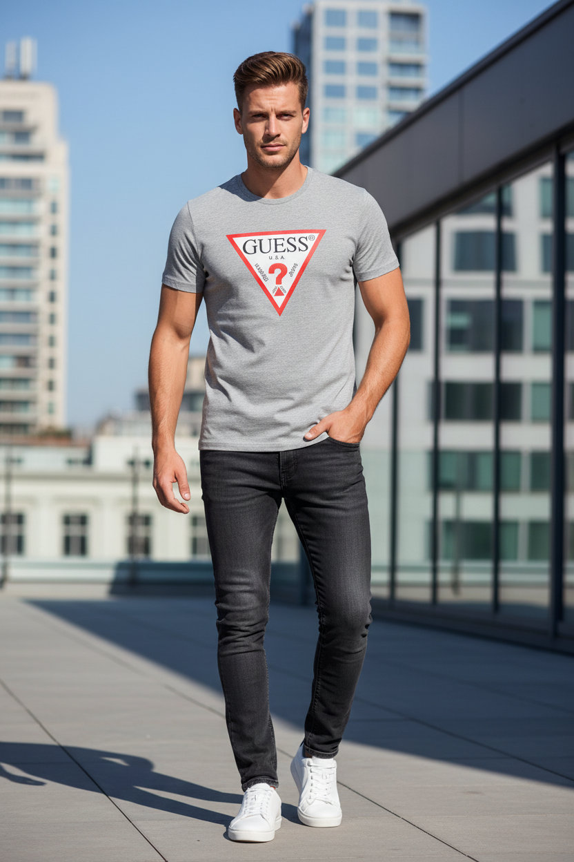 Man wearing Guess grey t-shirt
