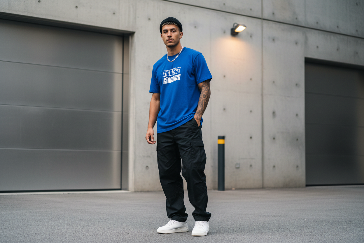 Man wearing Kinetics blue t-shirt