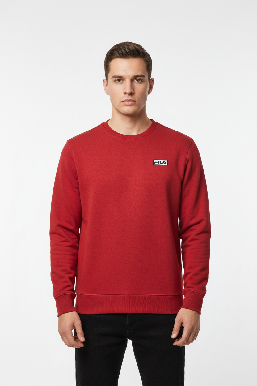 Man wearing Fila red long sleeve crew sweatshirt