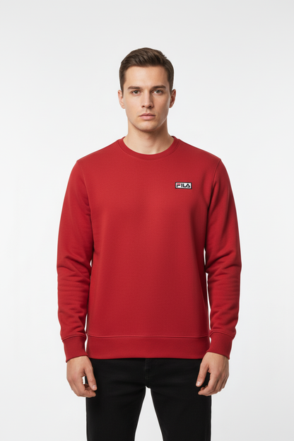 Man wearing Fila red long sleeve crew sweatshirt