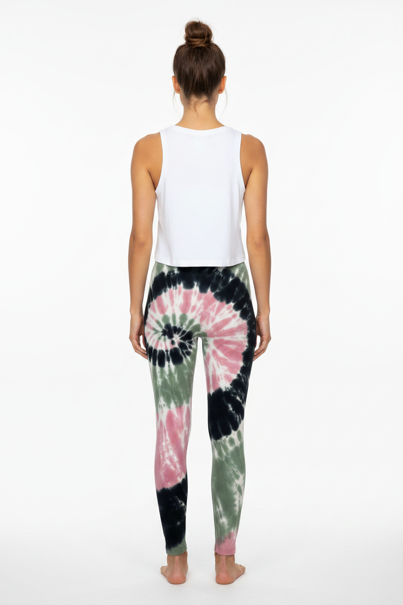 Model wearing tie-dye leggings back