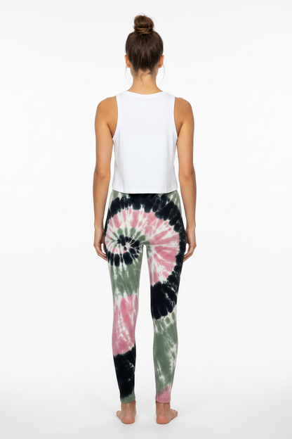 Model wearing tie-dye leggings back