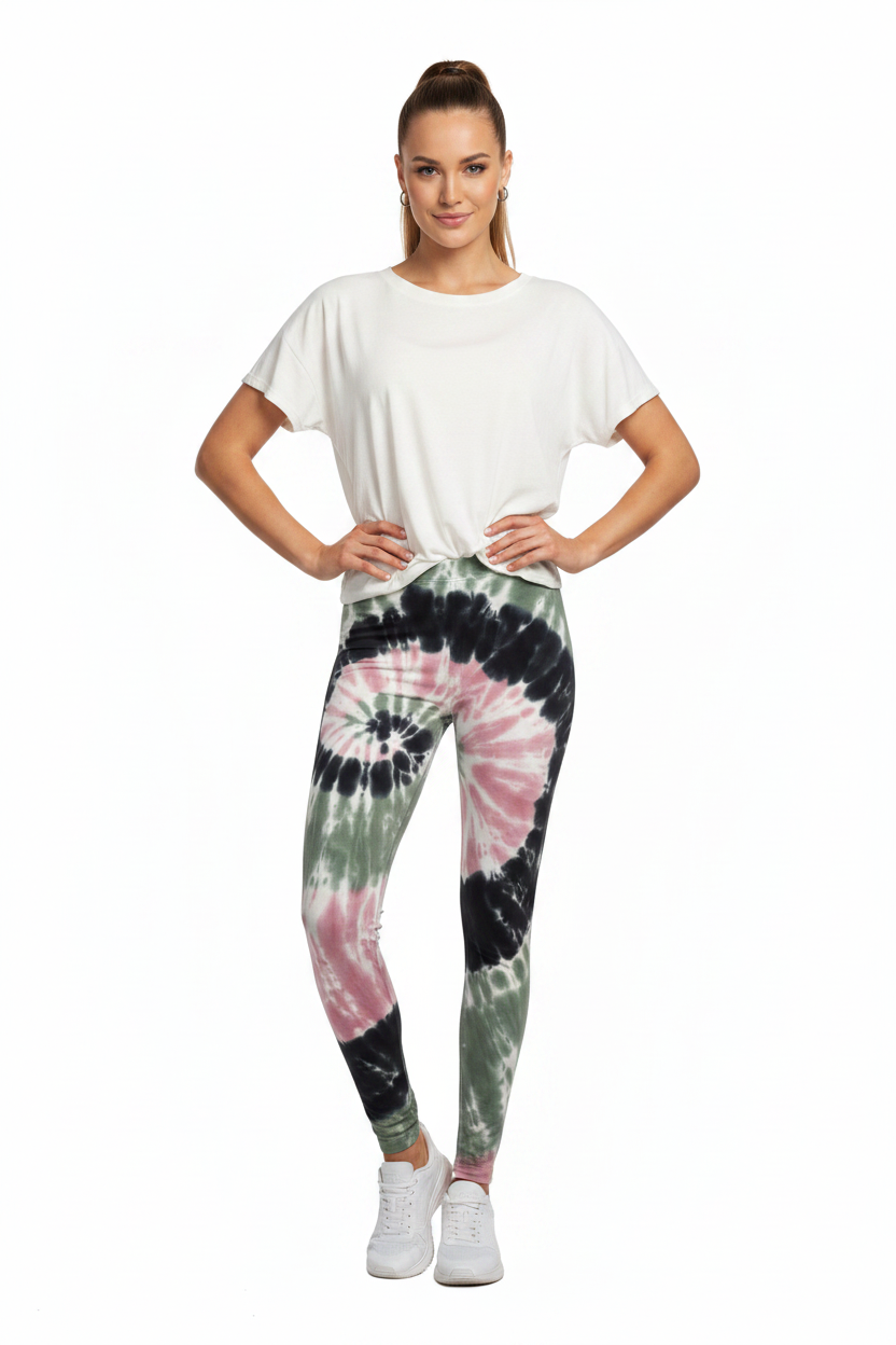Model wearing tie-dye leggings front