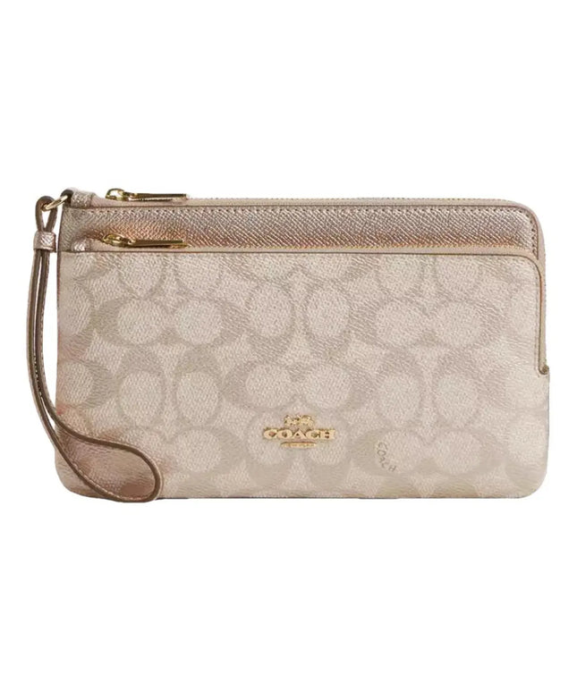 NWT Coach Double Zip Wallet In Signature Canvas Color Gold/Champagne Multi