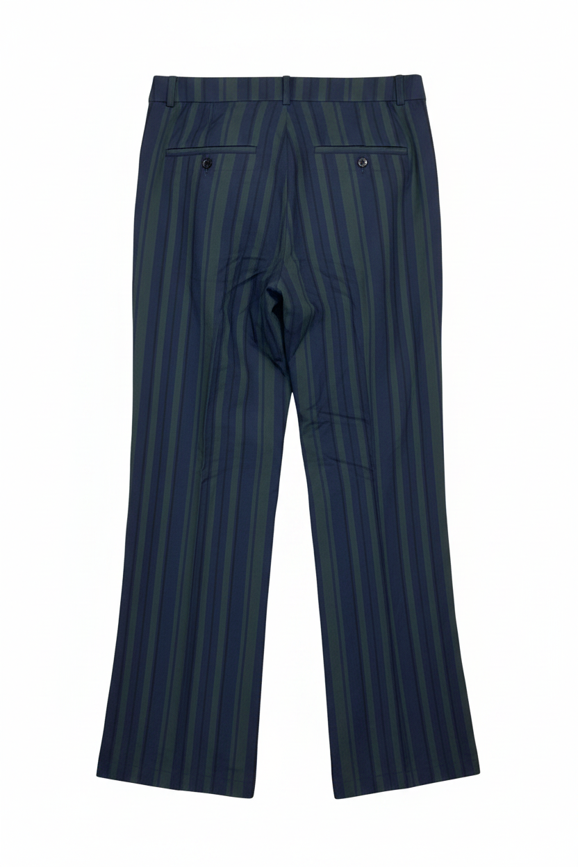 Back view of navy striped trousers showcasing the wide leg and back seam on a white background.