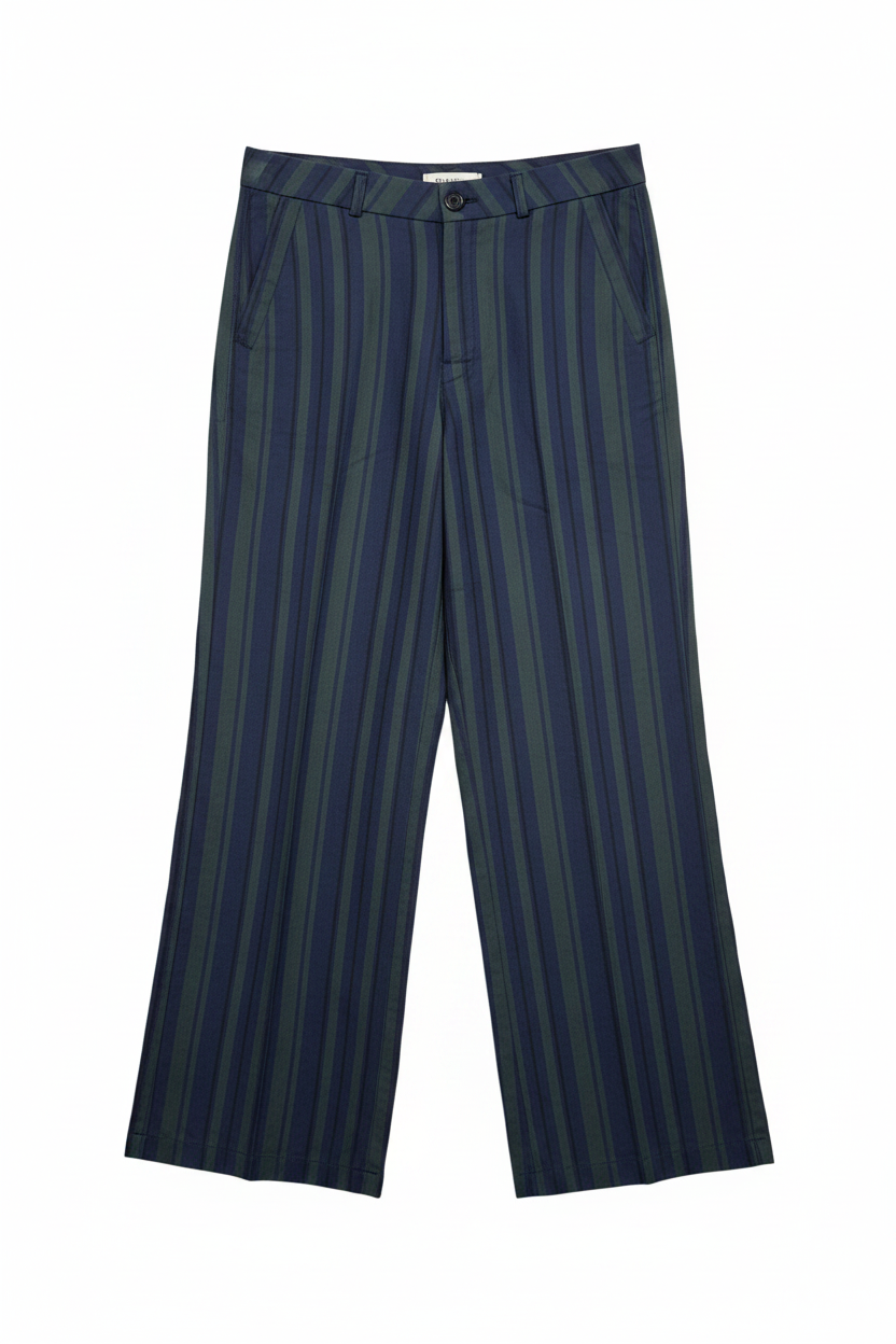 Front view of navy striped trousers featuring a wide leg and front closure on a white background.