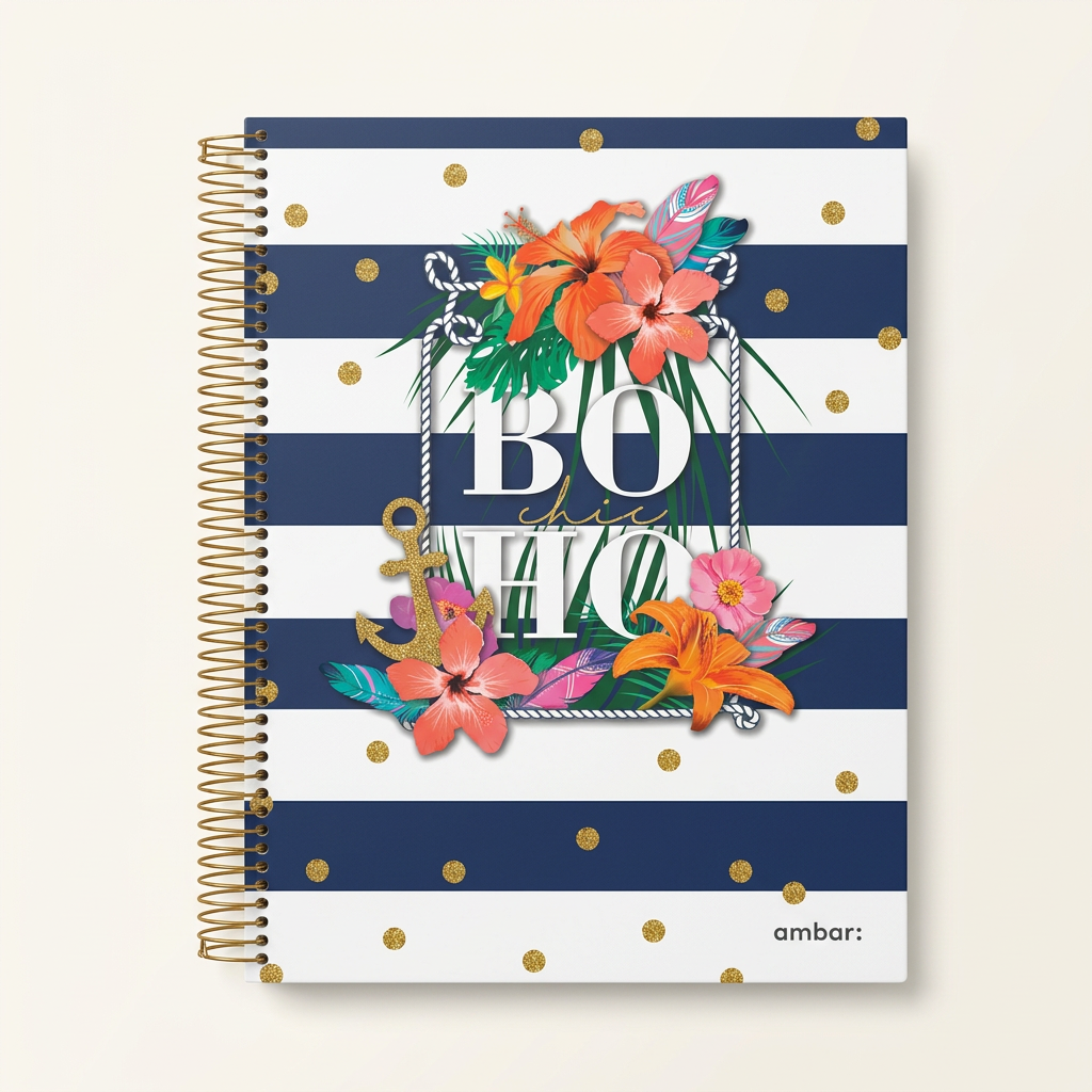 Navy and white striped spiral notebook with colourful floral cover design