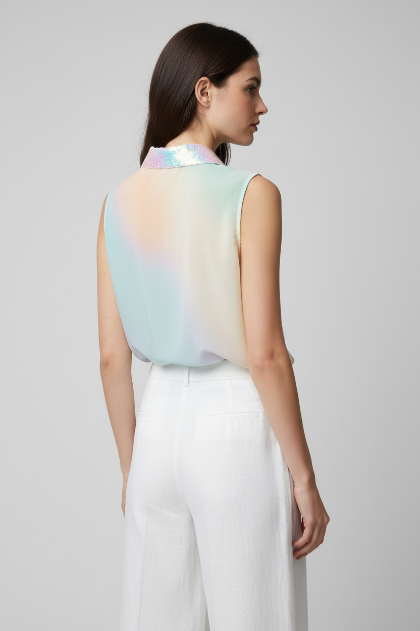 Guess sleeveless ombré blouse, back view on model