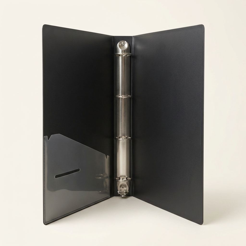 Dataking grey ring binder folder opened, inside view