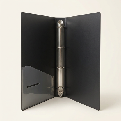 Dataking grey ring binder folder opened, inside view