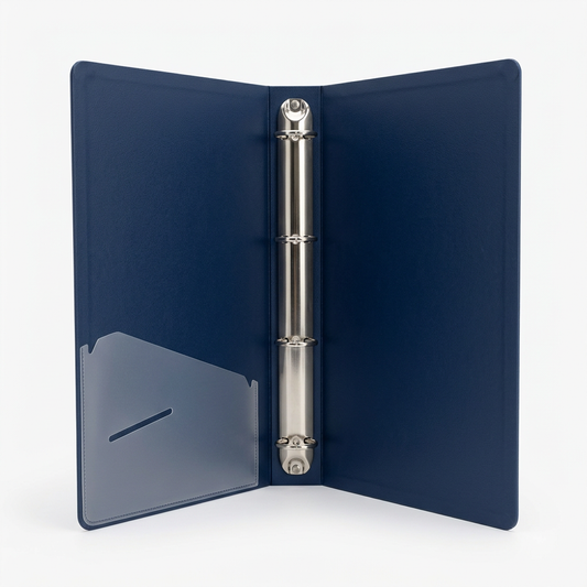 Open navy binder in a clean studio-style product photo