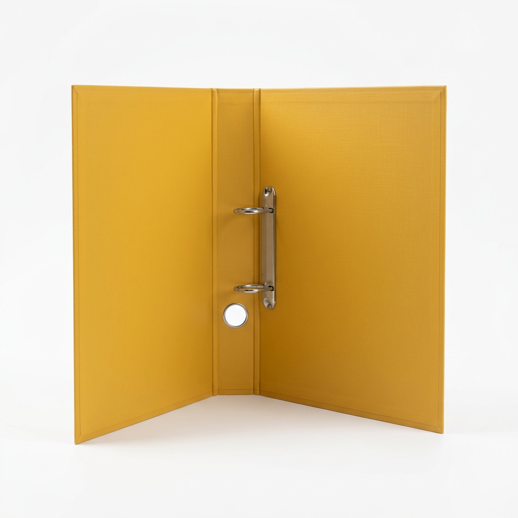 Open yellow two-ring binder on a clean white studio background