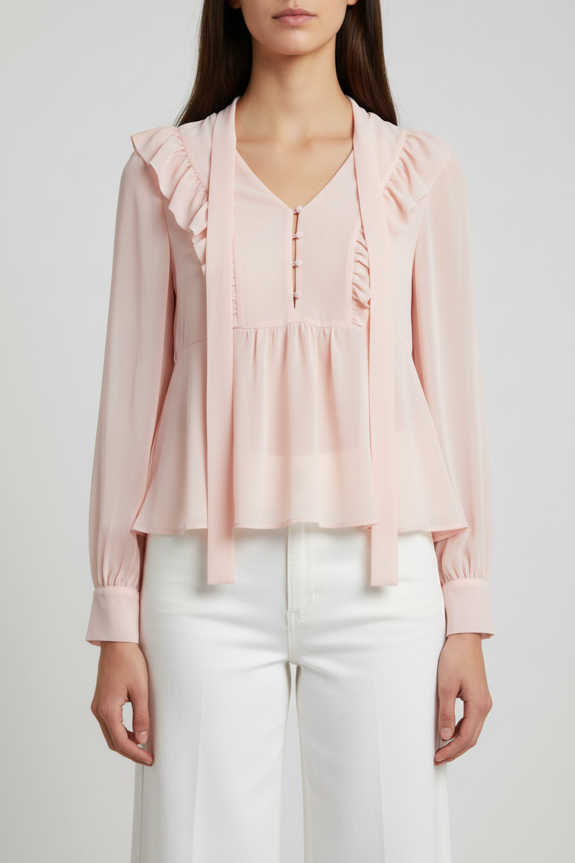 Guess women's blush pink ruffle collar blouse with long sleeves, front view on model
