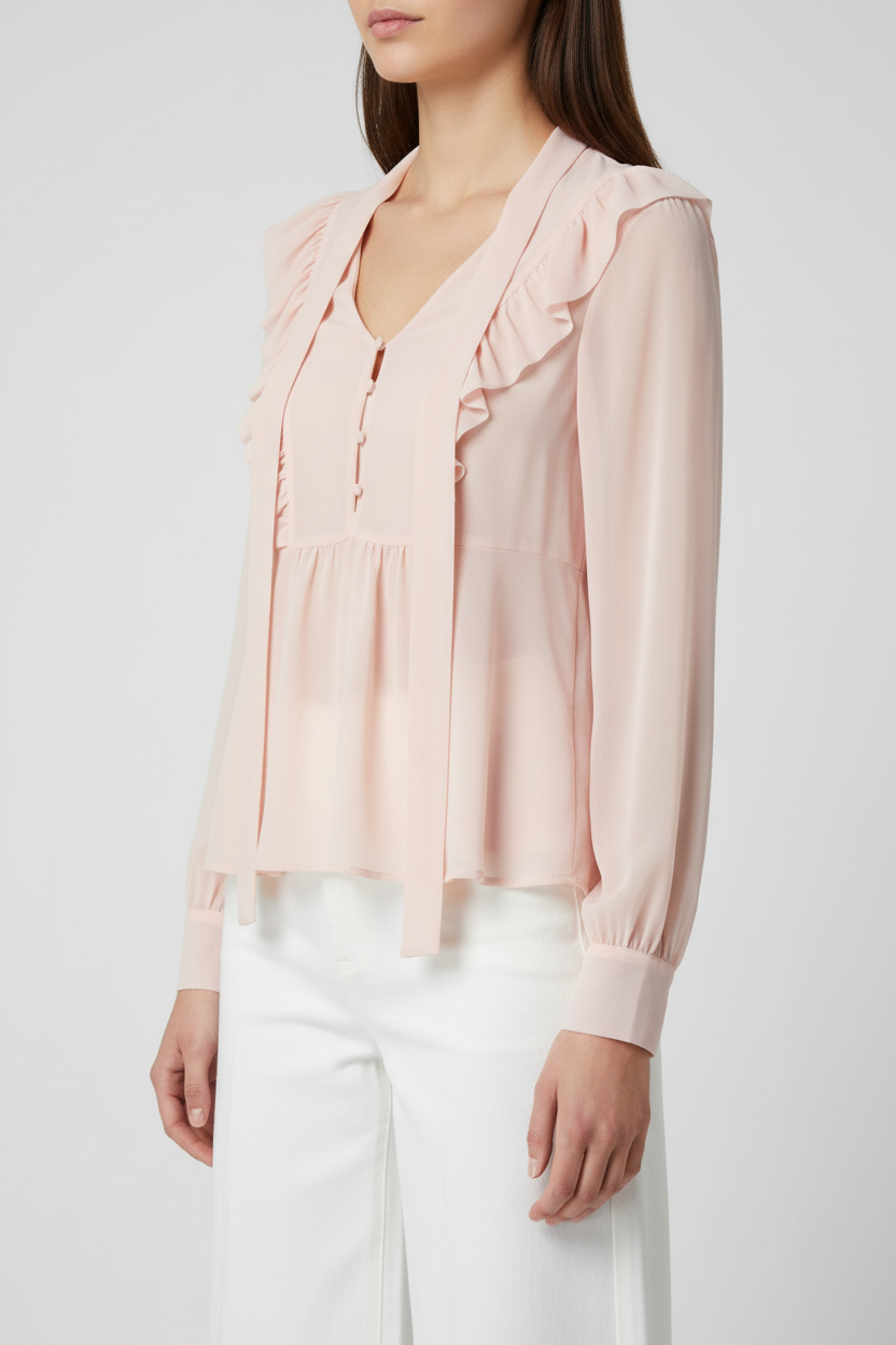 Guess blush pink ruffle blouse, angled front view on model
