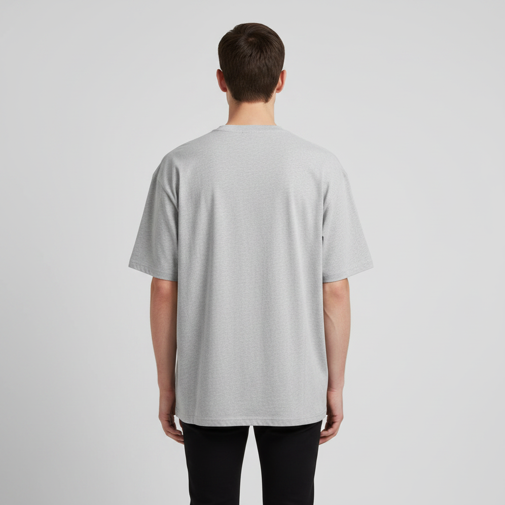 BS Style heather grey oversized t-shirt, back view on model