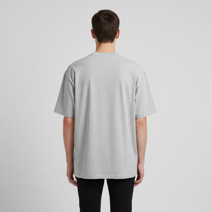 BS Style heather grey oversized t-shirt, back view on model