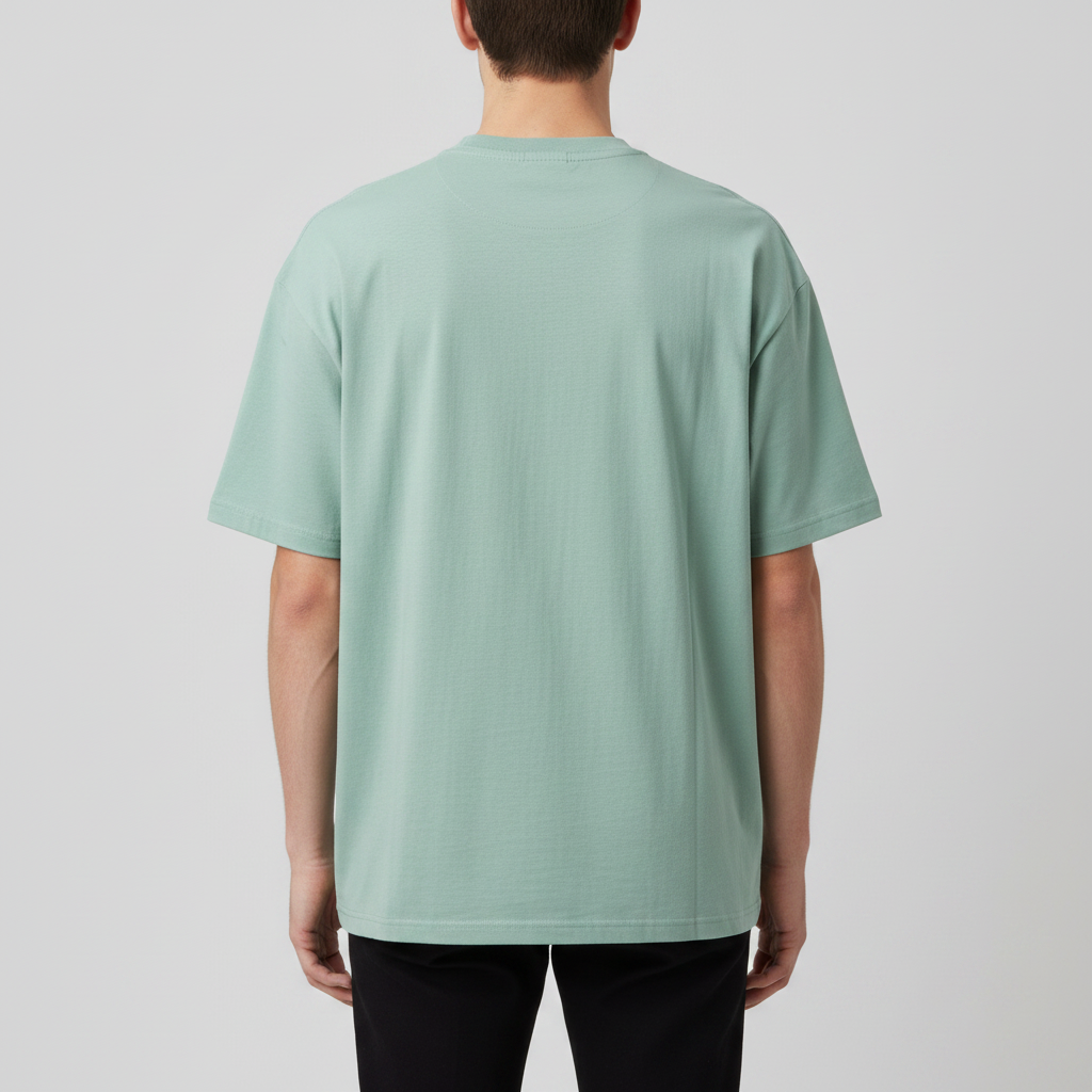 BS Style mint green oversized t-shirt, back view on model