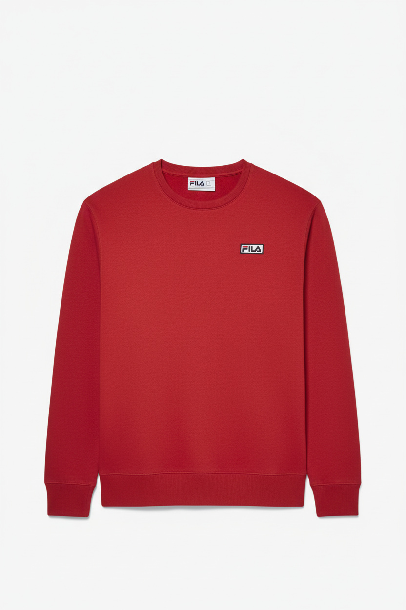 Fila Garran red long sleeve crew with logo patch, flat