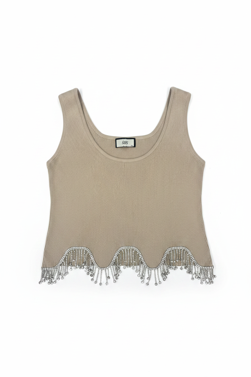 Rhinestone Fringe Top – Flat Lay