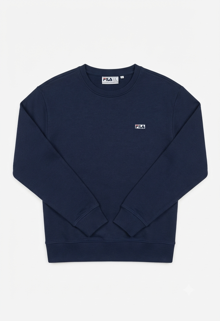 Fila women's navy blue sweatshirt with small embroidered logo, flat front view