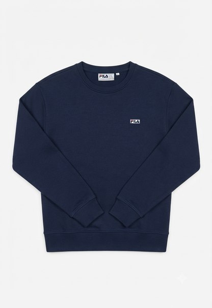 Fila women's navy blue sweatshirt with small embroidered logo, flat front view