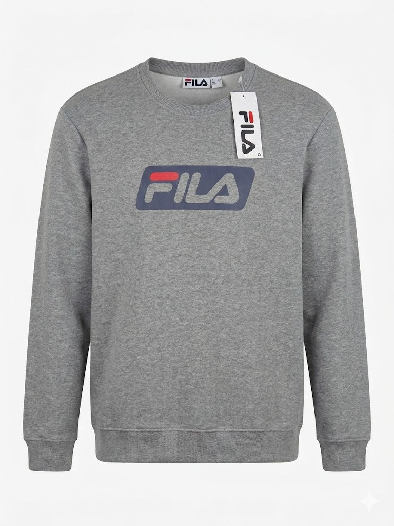 Fila grey crewneck sweatshirt with navy and red logo, flat