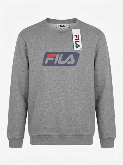 Fila grey crewneck sweatshirt with navy and red logo, flat