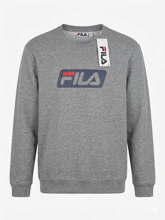 Fila grey crewneck sweatshirt with navy and red logo, flat