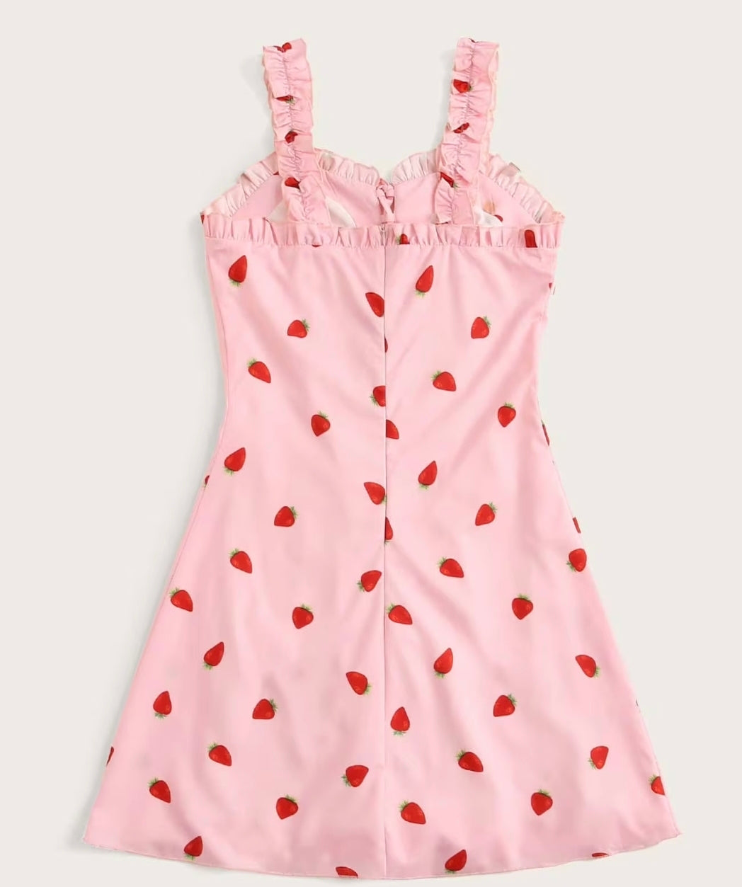 Shein Women dress Strawberry Print Lace Up Front Frill Trim Dress