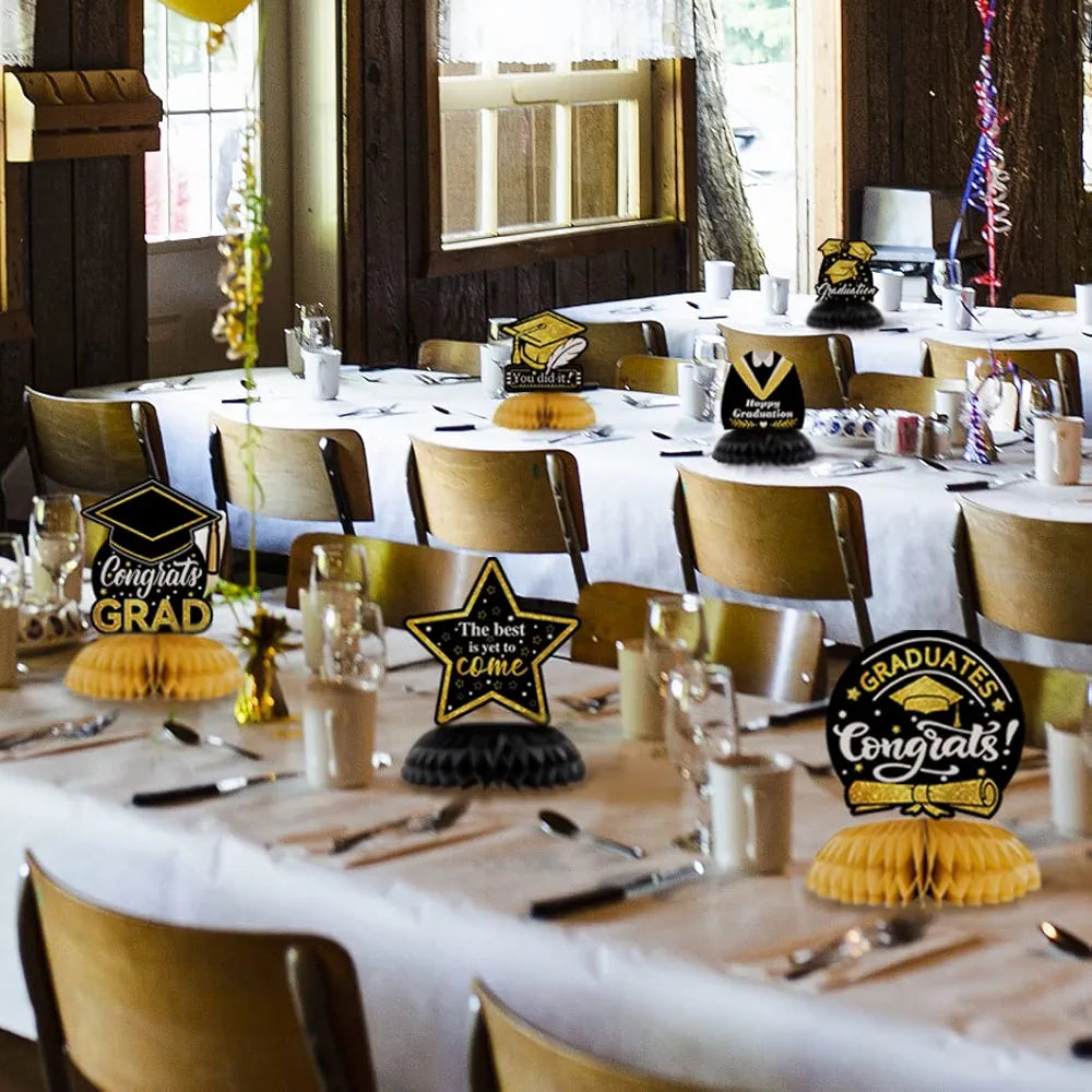 9Pcs 2024 Graduation Party Decorations - Black And Gold Honeycomb Table Centerpieces