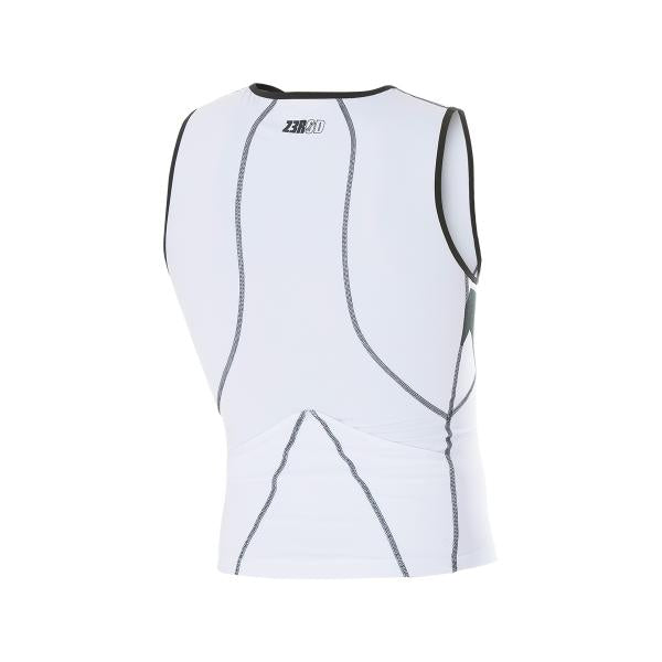 Back of ZEROD white tri singlet with grey seams