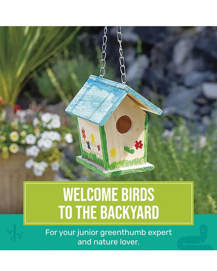 Toysmith Beetle & Bee Build A Bird Bungalow - DIY Kid Art Craft Outdoor Birdhouse Kit, 6" x 4" 6", Hardware glue included- 4 Paints, 1 Brush, 7 Wooden Pcs, Chain for Tree Hanging, Age 5+