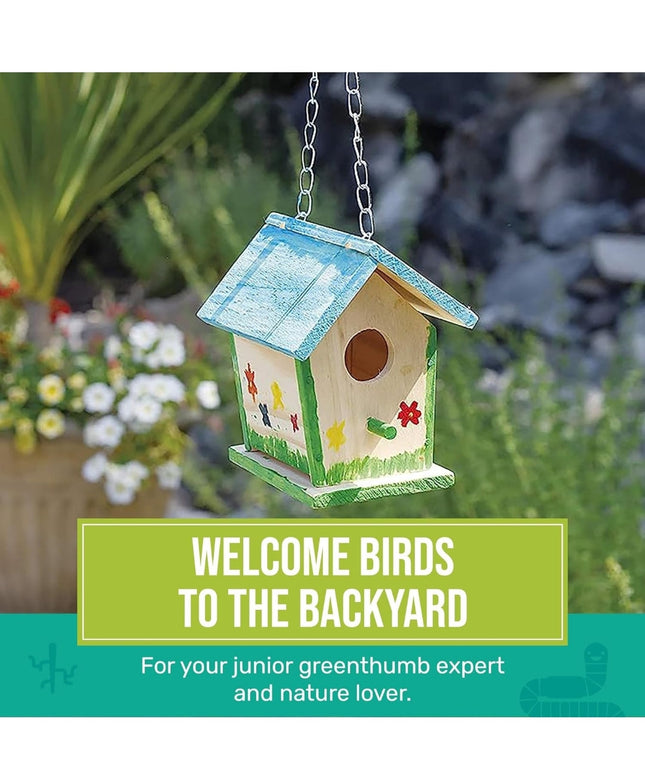 Toysmith Beetle & Bee Build A Bird Bungalow - DIY Kid Art Craft Outdoor Birdhouse Kit, 6" x 4" 6", Hardware glue included- 4 Paints, 1 Brush, 7 Wooden Pcs, Chain for Tree Hanging, Age 5+