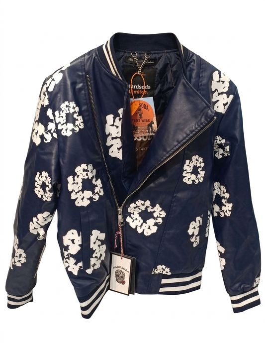 Hardsoda Leather Bomber Jacket  (Navy Blue)