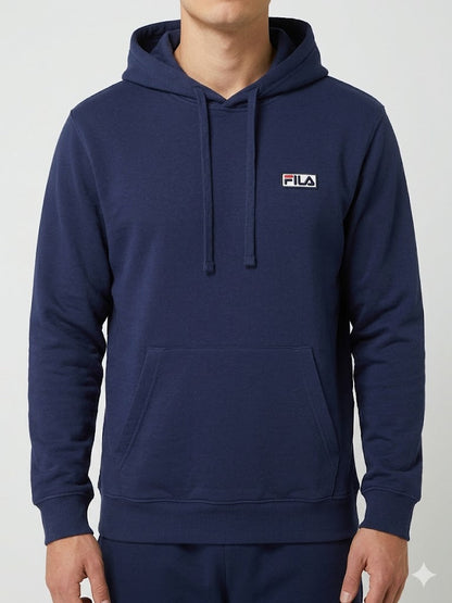Man wearing Fila navy logo hoodie