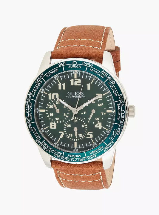 Guess Men's World Time Watch - Brown Leather Strap