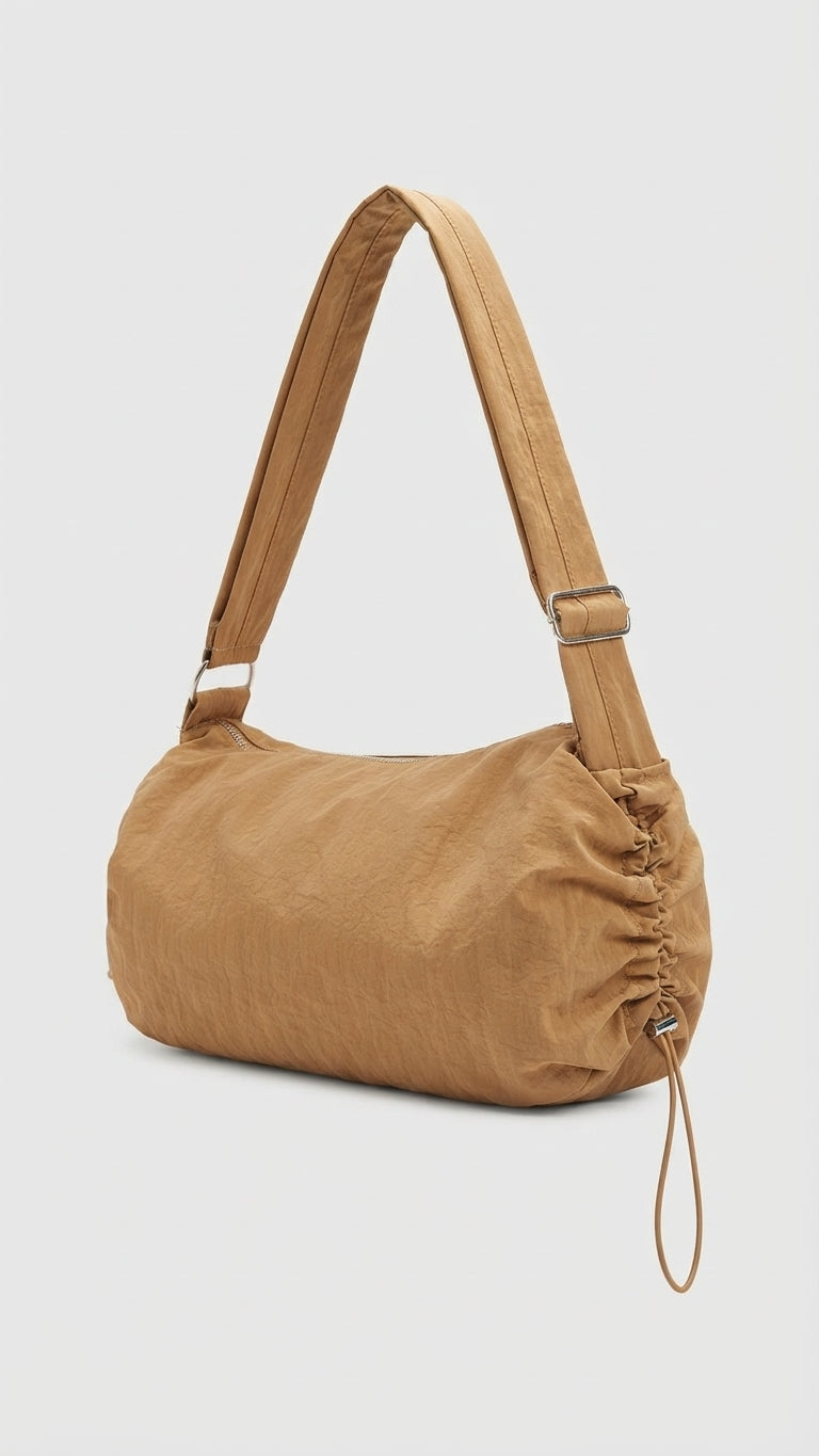 Honey brown soft nylon shoulder bag with ruched side and drawstring toggle
