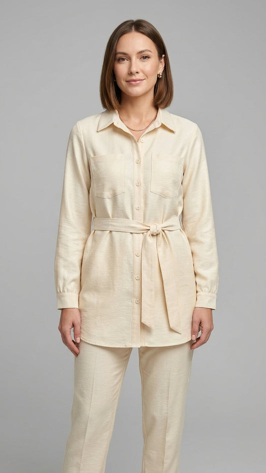 Woman wearing Trendyol cream shirt and pants set with belt