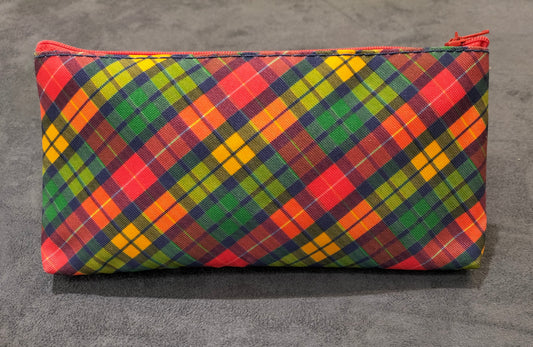 Zippered Utility Pouch With Red And Green Criss-Cross Pattern