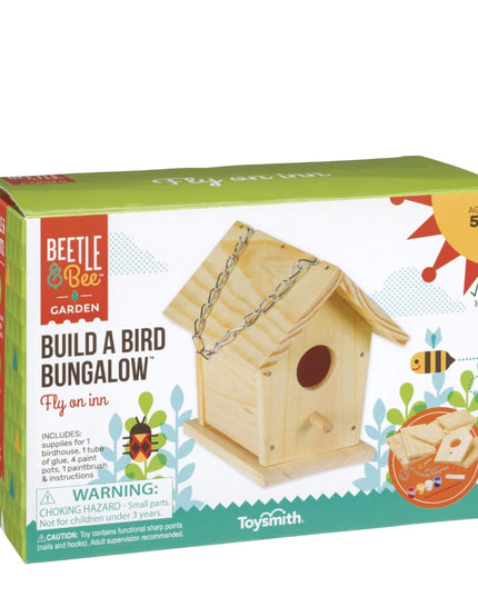 Toysmith Beetle & Bee Build A Bird Bungalow - DIY Kid Art Craft Outdoor Birdhouse Kit, 6" x 4" 6", Hardware glue included- 4 Paints, 1 Brush, 7 Wooden Pcs, Chain for Tree Hanging, Age 5+